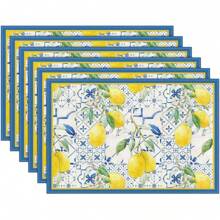 1/2/4/6 Luxury Placemats Lemon Blue Linen Placemats, 30 * 45cm Seasonal Daily Tablecloth Table Mats, Coasters, Suitable For Holiday Party Decoration, Coffee Table And Home Decoration, Kitchen Table And Room Decoration Accessories, Dining Table Decoration, Restaurant Company Gatherings