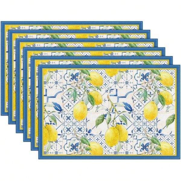 1/2/4/6 Luxury Placemats Lemon Blue Linen Placemats, 30 * 45cm Seasonal Daily Tablecloth Table Mats, Coasters, Suitable For Holiday Party Decoration, Coffee Table And Home Decoration, Kitchen Table And Room Decoration Accessories, Dining Table Decoration, Restaurant Company Gatherings