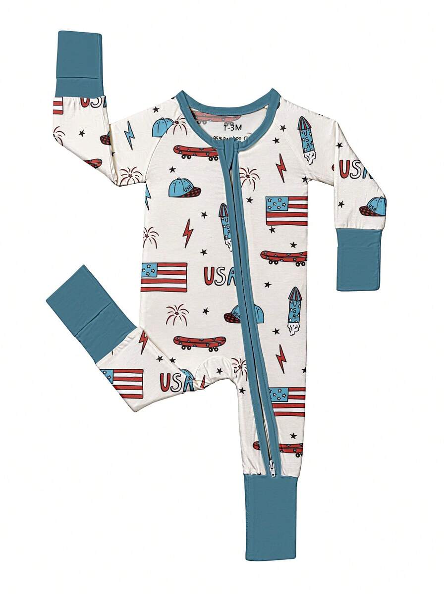 Baby Bamboo Fiber Zip-Up, USA 4TH OF JULY Print Romper, All-Season Knit Fabric Skinny Fit With Zipper Detail, Boy Girl Baby Clothes, Perfect For Outdoor - 藍色 - 查看 1