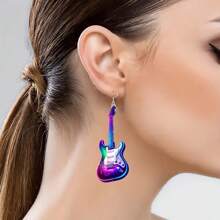 2D Flat Colored Guitar & Vinyl Record Music Festival Earrings - Boho Style 2D Flat Acrylic Cartoon Pendant With Zinc Alloy Hook, Lightweight And Durable Jewelry, Suitable For Concerts, Festivals, Casual Outfits - Perfect Gift For Music Lovers