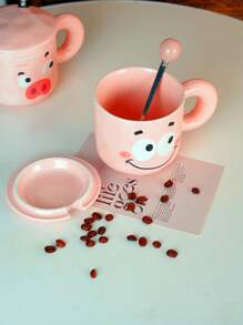 1 Stück 350 ml rosa Keramik Kaffeebecher mit Deckel & Löffel, süßer Cartoon Schwein Milchbecher mit Griff, sinnvolles Geschenk zum Geburtstag und für Paar, stilvoller Wasserbecher