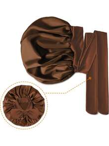 1pc/4pcs Women Satin Ribbon Bow Elastic Headband, Hair Band, Beauty Salon Headpiece, Satin Sleep Cap, Satin Bonnet - Coffee Brown - View 4