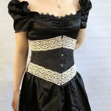 1 件女士 4 钩提花蕾丝束胸衣，系带束胸衣，适合日常穿着 - 黑色 - 查看 3