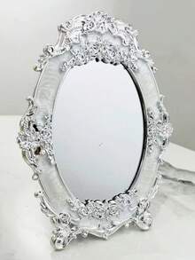1pc 5*7inch Oval Plastic Decorative Mirror With European Carved Pattern, Minimalist Gold/Silver Tabletop Ornament - Multicolor - View 10