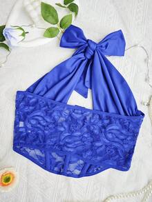 1pc Sexy Lace Up Halter Neck Underwired Bustier Cropped Tank Top, Backless Design - Royal Blue - View 12