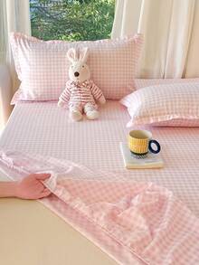 3 PiecesBed Sheet Set With Checkerboard Pattern, Soft & Comfortable Bedding Set Includes 1 Fitted Sheet & 2 Pillowcases, No Filling, Suitable For Dorms, Bedrooms, Multi-Size Options - Baby Pink - View 6