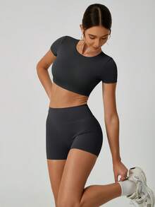 NcmRyu Women's Sexy Fitted Stretchy Short Sleeve Shorts Sports Set - màu đen - Xem 5