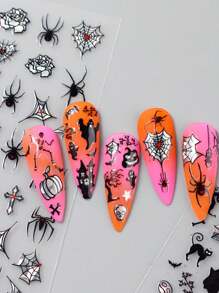 FULL BEAUTY 2 piezas Pegatinas de uñas de Halloween con diseño de rosa de telaraña láser oscura con cruz, diseños deslizantes con brillos de araña gótica Y2K, decoraciones de uñas con dibujos animados lindos