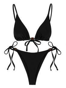 Polovedo 官方新款春夏优雅性感黑色纯色系带女士比基尼泳衣，适合海滩度假派对约会。 - 黑色 - 查看 2