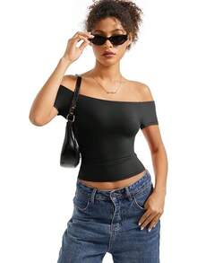 Women Double Lined Off Shoulder Tops Fitted Going Out Basic Shirts - Jet Black - View 6