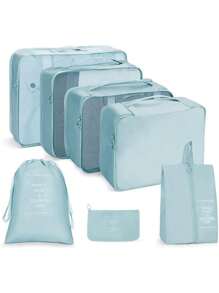 7/8 pièces Ensemble d'organisateur de voyage - Sacs de rangement multifonctionnels, sac à pinceaux de maquillage, sac à cosmétiques, sac à produits de soins de la peau, sac à vêtements, sacs à fermeture éclair, sac fourre-tout, sac à mailles, sac à chaussures, sac à bouteille, sac à cordon, sac général, sac à lingerie, organiseur de bagage, organiseur de bijoux, trousse de toilette. Grande capacité, portable, maille, gain de place, convient au rangement des vêtements, pantalons, sous-vêtements, cosmétiques, articles de toilette, chaussures, nécessités quotidiennes, organisation des voyages
