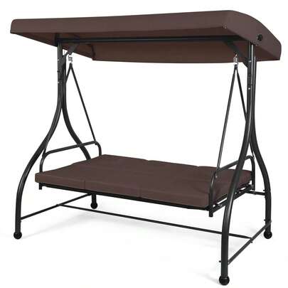  GOFLAME Patio Swing 3-Person Convertible Canopy Swing With 3 Cushion Seats, Adjustable Backrest And Strong Weather Resistant Power Coated Steel Frame, Suitable For Patio, Garden, Balcony, Easy Assembly