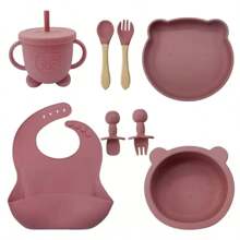 Set di alimentazione per bebè in silicone da 8 pezzi/6 pezzi/5 pezzi/4 pezzi/3 pezzi con piatto diviso con ventosa, prodotti per lo svezzamento, set di piatti per l'alimentazione autonoma di bebè/bambini piccoli con cucchiaio, forchetta, tazza con beccuccio, bavaglino regolabile, stoviglie per bebè