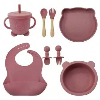 8pcs/6pcs/5pcs/4pcs/3pcs Silicone Baby Feeding Set With Suction Divided Plate, Weaning Products, Baby/Toddler Self-Feeding Plate Set With Spoon Fork Sippy Cup Adjustable Bib, Baby Tableware