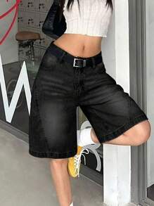 Shorts vaqueros de mujer de verano tipo bermuda de largo hasta la rodilla, con bolsillos sesgados, estilo vintage desteñido con efecto "bigote de gato", de corte recto y holgado para uso diario