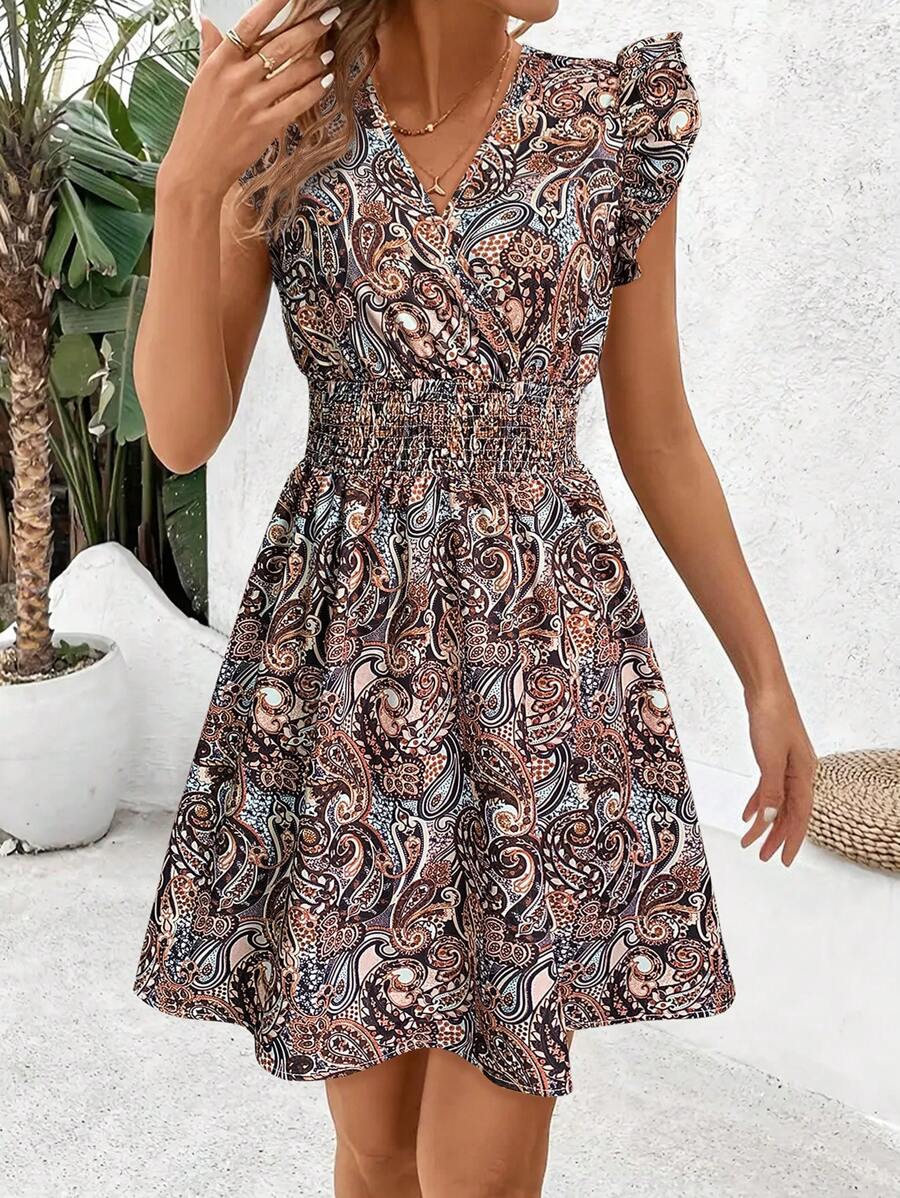 Women's V-Neck Paisley Print Mini Dress - Sexy Vacation Beach Dress, Flowy Summer Boho Dress For Women,Casual Sleeveless Sundress For Women,Bohemia Midi Dresses