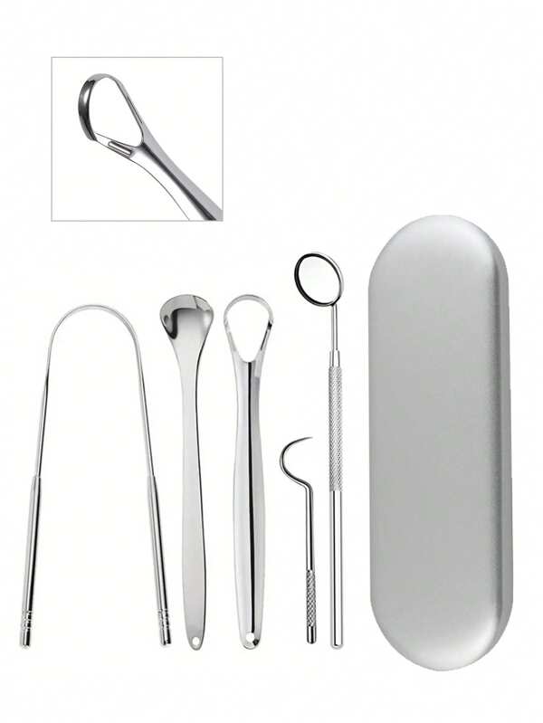Stainless Steel Tongue Cleaner Set Includes Mirror & Pick, Stainless Steel Tongue Scraper, Metal Tongue Cleaner, Tongue Scraper Cleaner, Adult Portable Oral Hygiene Tongue Brush Set