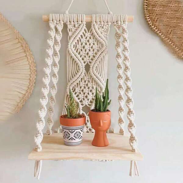 1 pieza Colgante de pared de macramé, estantería de almacenamiento de decoración de pared estilo bohemio, estantería de fondo para sala de estar/dormitorio con flecos