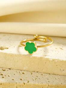 1 件优雅不锈钢滴油花形戒指，女士礼物 - 綠色 - 查看 4