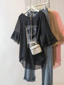 YUXIN 女式黑色透明上衣，半喇叭袖，图案印花宽松 T 恤 - 黑 - 查看 4