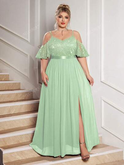 Vestido maxi de noche elegante con hombros descubiertos, tirantes de espagueti, contraste de encaje floral con lentejuelas, gasa con abertura en el bajo, para fiestas, eventos formales, graduación, cena, fiesta de bienvenida a casa