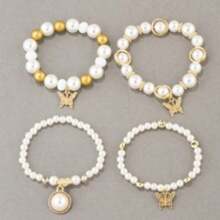 Pulseira de Contas de Pérola para Mulheres com Pingente de Borboleta, Pulseira Elástica Ajustável de Múltiplas Fileiras de Pérolas