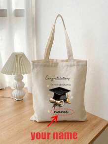 1pc Custom Graduation Name Congratulations 2025 Personalized Canvas Tote Bag, Durable Large Capacity, Simple Style, With Ideal Graduation Gift For Gift Bag
