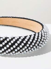 1 pièce Serre-tête couronne en éponge style coréen, accessoire pour cheveux à porter au quotidien avec décoration de perles et rayures diagonales minimalistes pour femmes