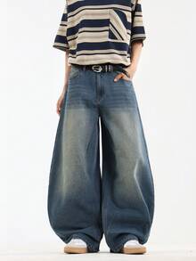 Hearty Haven 1pc Vintage Distressed Washed Denim Jeans Men's Floor-Length Casual Minimalist Loose Wide Leg Pants - No Belt & Accessories - Blue - View 2