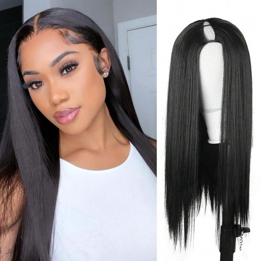 Straight Black V Part Wig For Women V Shape Wigs No Leave Out Upgrade U Part Wigs Glueless Synthetic Vpart Wigs Full Head Clip In Half Wig For Women