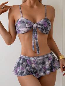 2025 年新款叶子印花全身图案可爱波西米亚蝴蝶结蕾丝拼布扭纹荷叶边 2 件套泳装、海滩度假、四季皆宜