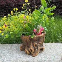 1pc Vintage Cement Tree Stump Planter - Rustic Style Design For Succulent & Green Plants, Indoor/Outdoor Decor Pot With Drainage Hole - Multicolor - View 5