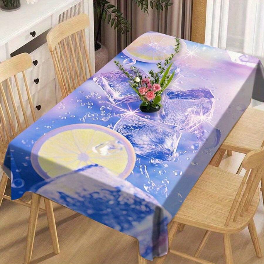 1/20pcs Summer Dreamy Purple Decoration Rectangular Tablecloth,Lemon And Ice Cube Pattern,Suitable For Home Decoration,Dining Room, Office, Kitchen, Picnic Decor,Home Decoration