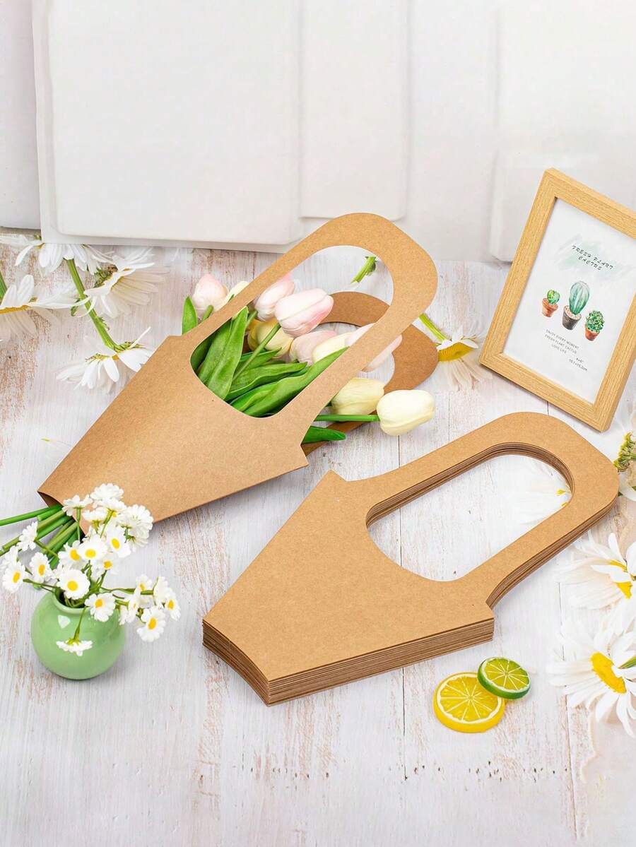 1/5/10 piezas Bolsas de regalo elegantes con ramo de flores - Bolsas de papel kraft portátiles para flores frescas, solución de envoltura floral simple y elegante para cualquier ocasión - Multicolor - Ver 1
