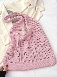 镂空撞色钩针编织手提包，度假风格 - 米色 - 查看 14