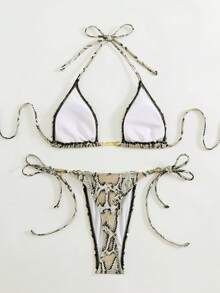LUCKY HOLIDAY Fashionable Sexy Summer Beach Tie-Up Triangle Bikini Set With Leopard Print & Metal Chain Decor - Snake Pattern - View 5