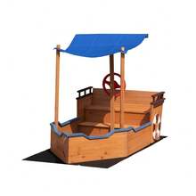 Kids Sandbox,Wooden Play Boat Sandbox With Storage Bench, Seat, Ground Liner, Sandpit Boat W/Rudder, Buoy, Realistic Flag, Children Outdoor Furniture For Backyard, Lawn, Garden - 卡其色 - 查看 3