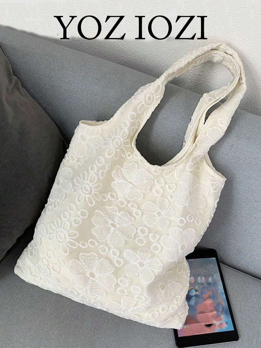 Bolso de tela con detalles de encaje floral, bolso de lona casual de gran capacidad, adecuado para estudiantes universitarios y commuting - Blanco - Ver 1