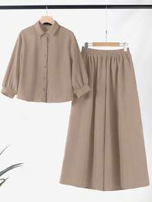 ZANZEA Women Buttons 3/4 Sleeve Blouse Shirt Elastic Waist Wide Leg Trousers Long Pants Casual Loose 2pcs Sets Outfits - Màu Khaki - Xem 3