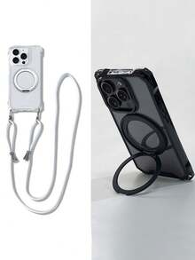 Luxury 360 Magnetic Bracket Kickstand Crossbody Lanyard Necklace Transparent Phone Case For Magnetic Wireless Charge Phone Case Compatible With IPhone 16 15 11 12 13 14 Pro Max Plus Anti-Lost Cover - Black - View 2