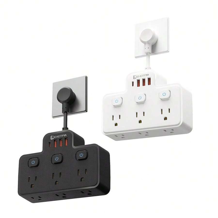 Stopkontak 1250W dengan Port USB, Stopkontak Dinding Standar AS, Sakelar Kontrol Independen, 6 AC 4 USB (1 Tipe-C), Hitam/Putih, Cocok untuk Ruang Tamu, Dapur, dan Perjalanan