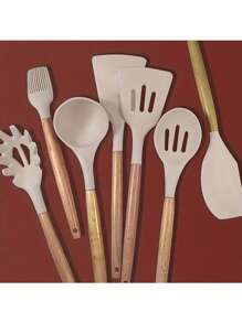 Set di 7 utensili da cucina in silicone con impugnature in legno - Utensili da cottura antiaderenti e resistenti al calore, perfetti per l'uso domestico e in ristorante - Ideali per le vacanze come Ognissanti, Natale, San Valentino, Ringraziamento, Festa della Mamma