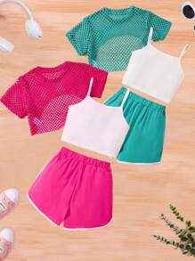 3 Peças/Conjunto Moda de Verão para Meninas, Top de Tule + Regata com Estampa de Letra + Shorts Esportivos