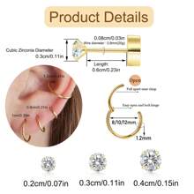 Ensemble de boucles d'oreilles à tige plate en acier inoxydable 316L pour piercings multiples pour oreilles sensibles, boucles d'oreilles créoles petites en acier titane doré 14 carats hypoallergéniques avec petits clous CZ pour femmes, pour piercings de l'hélix, du rook, du daith, de la conque, du nez, des lèvres et du corps, tailles 16G, 8 mm, 10 mm, 12 mm