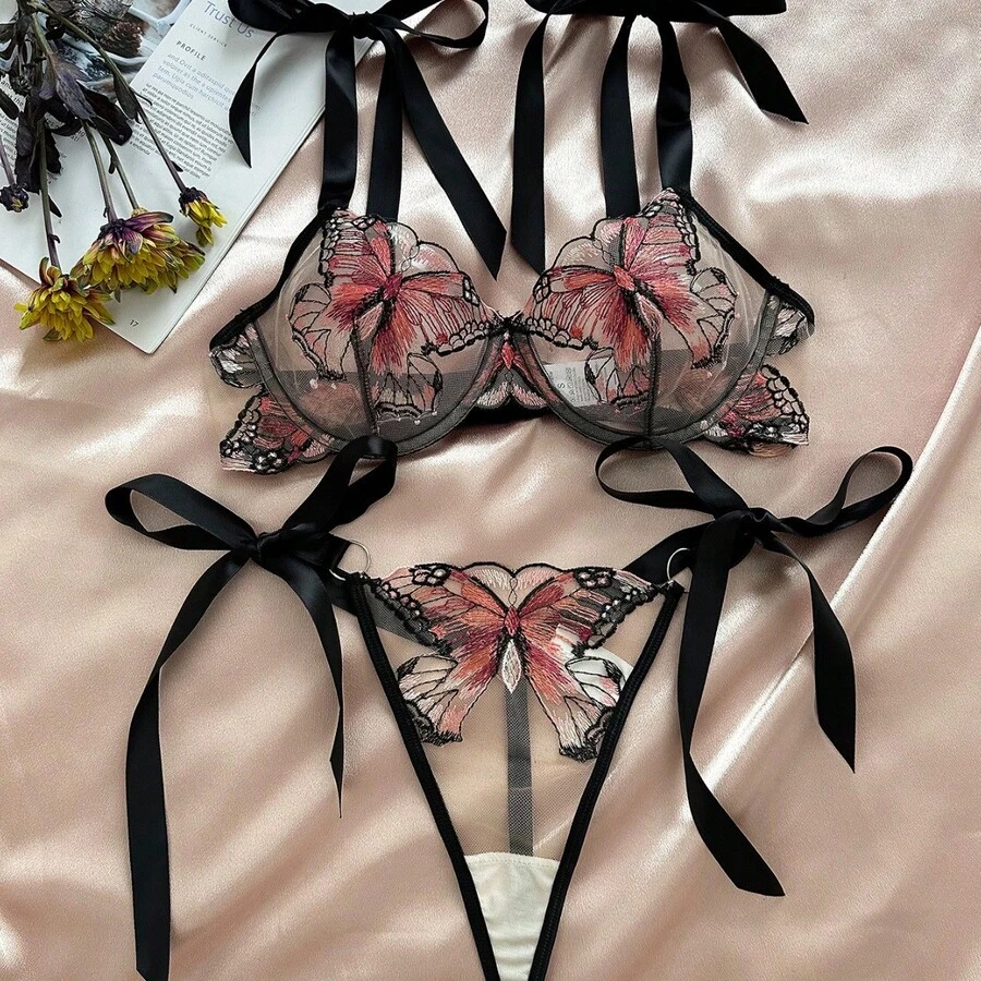 Women's Mesh Underwire Lingerie Set Butterfly Embroidery Tie Strap Bra + Low Waist Thong Babydoll Sleepwear - Red - View 1