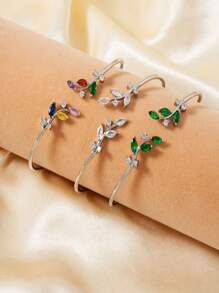 1pc Minimalist Metal Branch & Leaf Cubic Zirconia Inlaid Bangle Bracelet, Fashionable & Versatile Unique Women Jewelry