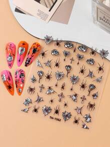 FULL BEAUTY 2 piezas Pegatinas de uñas de Halloween con diseño de rosa de telaraña láser oscura con cruz, diseños deslizantes con brillos de araña gótica Y2K, decoraciones de uñas con dibujos animados lindos
