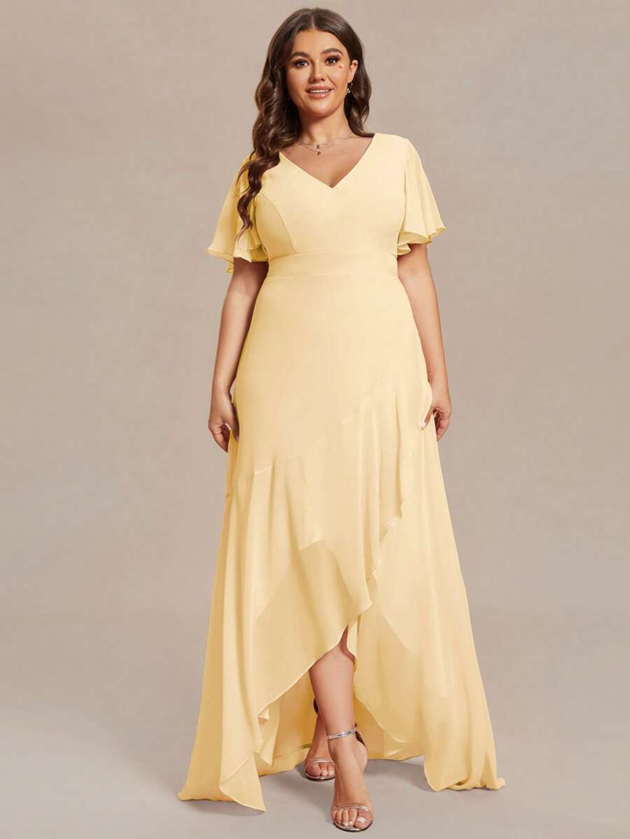 EVERPRETTY Plus Size V-Neck Asymmetric Ruffle Hem Bridesmaid Dress, Yellow Summer Wedding Party Formal Gown