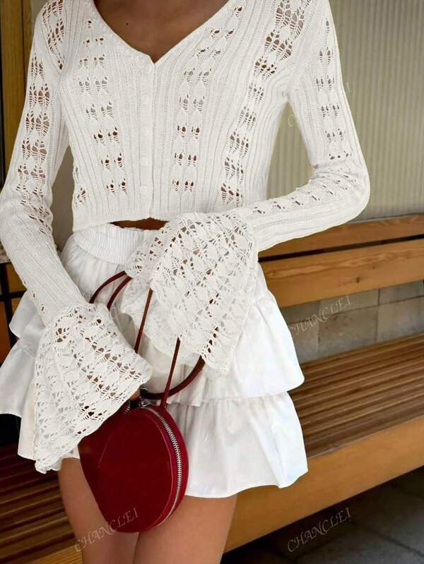 Ladies' Solid Color Single-Breasted Hollow-Out Casual Sweater Daily Casual Versatile Pure Desire Style