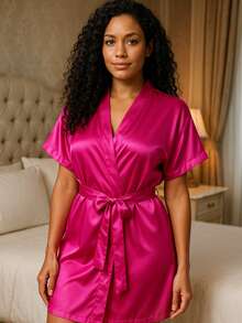 Satin Robe Bridesmaid Plain Women's Bathrobe With Sash - Hot Pink - View 1